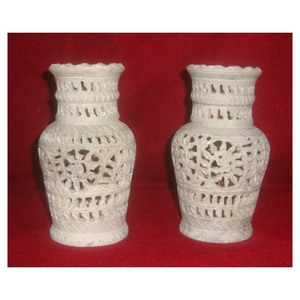 Indian Soapstone Flower Pot With Beautiful Natural Coloured On Carved Floral With Leafs Rounded Shape Design Handicrafts Purpose - Product Image 1