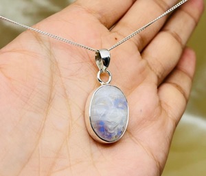 Moon <b>Face</b> Silver Necklace Moon <b>Face</b> Silver Pendant Necklace Moon <b>Face</b> Carving Gemstone Necklace for Women - Product Image 2