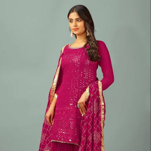 Faux Georgette Séquence & Broderie Top Avec Moti Work Dentelle Manches Longues et Sharara Avec Broderie Lourde Dupatta - Product Image 1