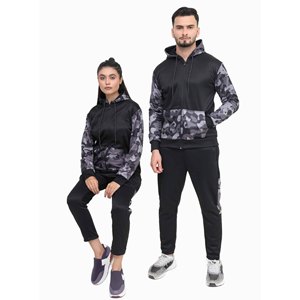 Unisex <b>Camouflage</b> Tracksuit Hooded Zipper Full Sleeve Sporty Sweatshirt With Side Pockets Black Polyester Autumn Wear - Product Image 3
