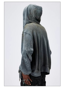 Custom Applique Embroidery Distressed Hoodie Rhinestone <b>Zip</b> <b>up</b> <b>Jacket</b> Acid Wash Vintage Washed Men Fleece Streetwear Hoodie - Product Image 3