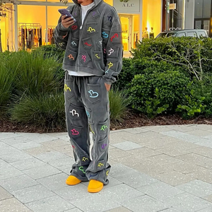 Conjunto Deportivo Personalizado para Hombre, Talla Grande, Invierno, Estampado Sólido, 100% Algodón Grueso, Estilo Urbano, Bordado, Vintage, Lavado Ácido - Product Image 1
