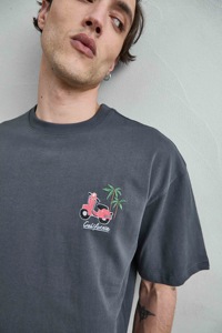 T-shirt a maniche corte in cotone 100% grigio scuro, vestibilità regolare, fantasia floreale, stile casual da vacanza, 240 grammi, anti-pilling - Product Image 2