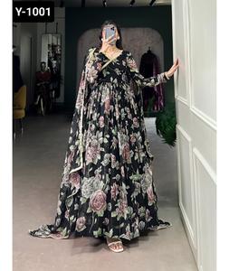 Indian Designer Women Wear Marble Silk Anarkali Gowns with Floral Print With Lace Touch Up Gowns Indian Salwar Kameez <b>Suit</b> - Product Image 1