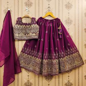 Hermosa tendencia Faux Georgette vestido de tela con bordado de múltiples lentejuelas niños Lehenga blusa conjunto fiestas de cumpleaños festivales - Product Image 5