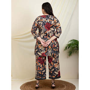 Ensemble coordonné DEEBACO pour femmes, imprimé floral, grande taille, Kurti à col en V avec dentelle et pantalon longueur cheville, tenue occidentale en 2 pièces - Product Image 4