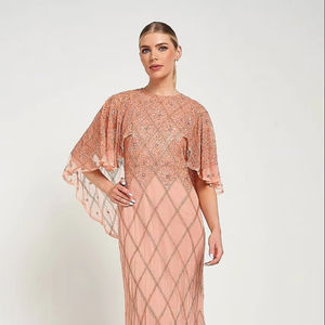 Vestido de Fiesta para Mujer, Corte en A, Cuello Redondo, Bordado, Adornado a Mano, Manga Media, Largo hasta el Suelo, Antiestático, para Eventos Nocturnos, 100% Natural - Product Image 1