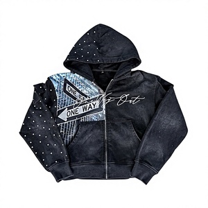 Sweat à capuche coupe oversize en coton épais coupe-vent pour homme avec impression silicone unie, broderie personnalisée et strass, et pantalon de survêtement zippé - Product Image 1