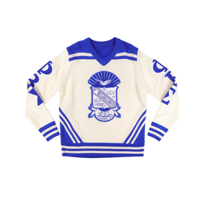 Phi Beta Sigma Suéter con cuello en V Azul marfil HBCU Ropa de fraternidad griega 30 Lana 70 Acrílico Chenille Bordado Punto Ropa griega - Product Image 1
