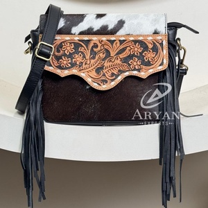 Bolso bandolera de cuero con flecos para mujer, bolso de hombro de diseñador de cuero genuino de lujo, bolsos de piel de vaca - Product Image 1