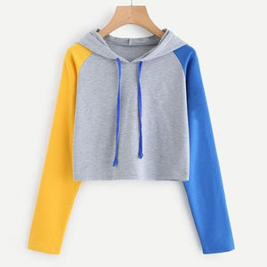 100%Cotton Custom OEM Ladies <b>Jumpers</b> Sweat Hoody Fleece Streetwear Clothing Crop Top Women Hoodies Color Block Patchwork Sweater - Product Image 1