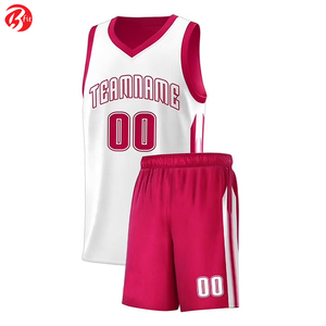 Rose et blanc couleur col en V élégant Top qualité équipe formation uniforme respirant séchage rapide Bsci été basket-ball Shorts - Product Image 3