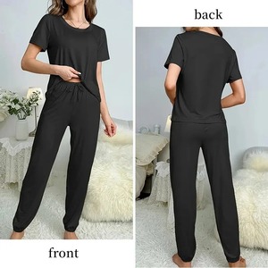 Ensemble 2 pièces haut rond et pantalon long confortable de couleur unie pour femmes ensemble pyjama pour femmes à la maison pour hommes - Product Image 2
