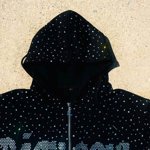 Luxury <b>Black</b> Full <b>Zip</b> <b>up</b> Bling Glitter Rhinestone Chain Streetwewar Custom Zipper Hooded Oversized 450 Gsm Crystal <b>Hoodie</b> - Product Image 4