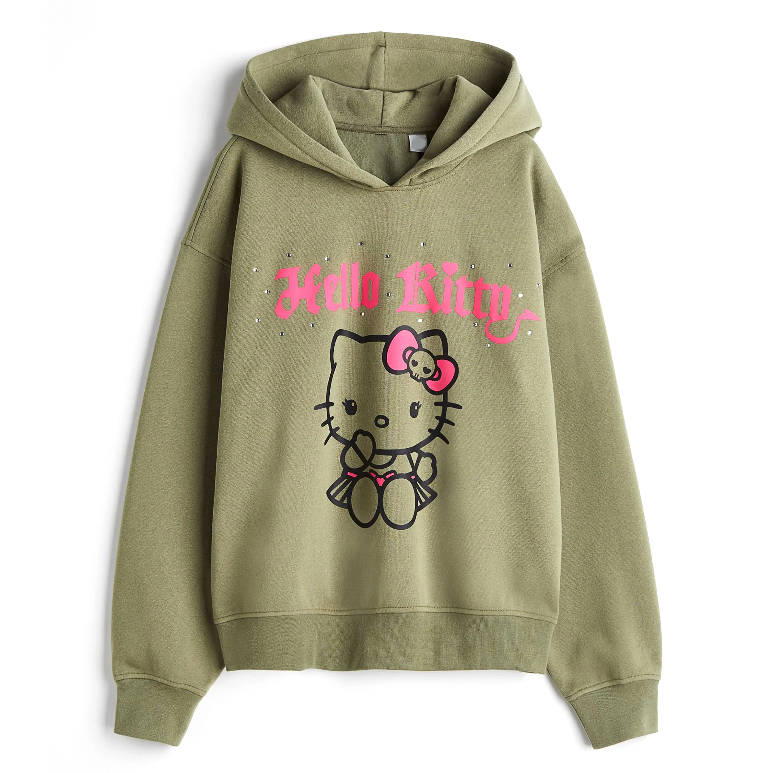 High Quality Khaki green Hello Kitty hoodie in printed sweatshirt fabric with a soft brushed inside long sleeves kangaroo pocket