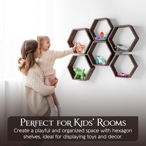 Ensemble de 6 étagères en bois flottantes hexagonales, rangement mural en nid d'abeille robuste et élégant pour le bureau des enfants, décoration de ferme et couloir - Product Image 5