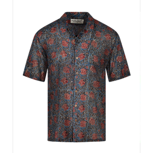Chemise décontractée en lin à manches courtes pour homme, motif floral Ajrakh indigo et marron, coupe ajustée, du XL au 6XL, offre ODM - Product Image 1