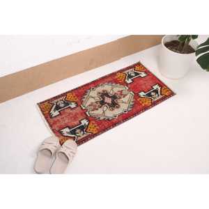 Turkish 1.5x3.1 ft Rug, Vintage Rug, <b>Red</b> Animal Print <b>Wool</b> Rug - Product Image 2