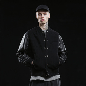 Veste universitaire en cuir pour homme, col rond, boutonnée, veste universitaire de baseball pour homme, 100% laine, vestes universitaires noires pour homme - Product Image 1