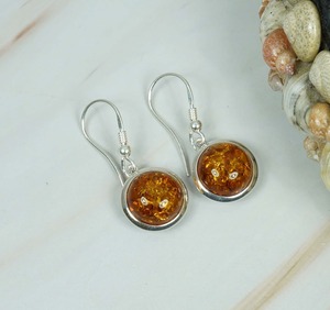 Boucle d'oreille crochet de forme ronde en ambre de la Baltique naturel en argent sterling massif 925 - Product Image 1