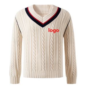 Logo brodé Designer de luxe pull blanc en coton surdimensionné pull classique en tricot câblé pull en tricot pour hommes - Product Image 1