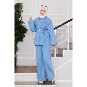 Conjunto de Pantalones y Chaqueta Vaquera Azul Claro, Estilo Modesto, con Cinturón de Encaje, Estampado Casual, Estilo Vintage para Vacaciones de Primavera/Verano - Product Image 1