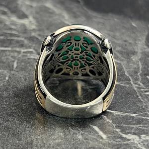 <b>Silver</b> Oval Green Agate Gemstone Men's <b>Ring</b> Handmade 925K Sterling <b>Silver</b> Greek Columns Motif 18K Plating Genuine Agate Stone - Product Image 6