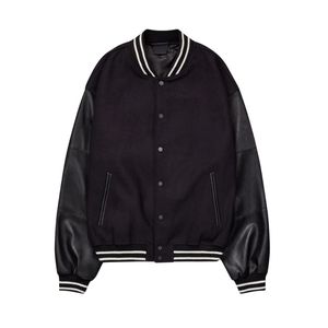 Chaqueta de bombardero universitaria para hombre, ropa de abrigo negra de gran tamaño con mangas de piel sintética y ribete de costilla y logotipo trasero bordado - Product Image 5