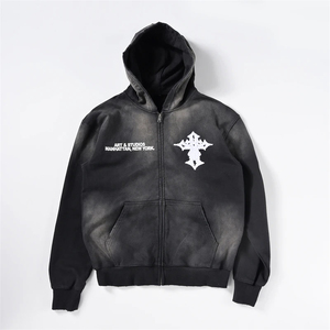 High Quality Vintage Sun Bleached <b>Hoodie</b> Men <b>Black</b> Terry Distressed Towel Embroidery Acid Wash Sun Faded <b>Zip</b> up Hoodies - Product Image 1