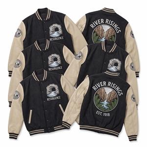 Blouson universitaire noir en laine avec broderie Lion Spout Public Fountains et manches en cuir crème, style bomber, vente en gros - Product Image 5