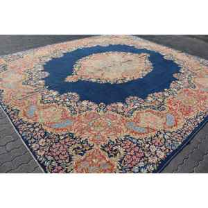 Alfombra Turca Extra Grande de 12.6x14.4 pies, Alfombra Vintage, Alfombra de Lana con Diseño Floral Azul y Rojo - Product Image 3