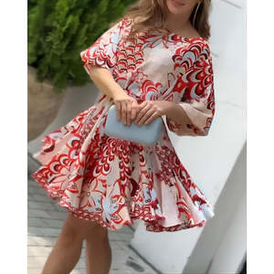 Robe courte plissée à manches ballon et col rond pour femme, 36172 - à motifs - Product Image 5