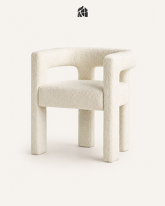 Sillón de Comedor Moderno Tapizado en Tela Blanca con Estructura de Madera de Teca Sólida, Brazos Redondeados y Robustos, Mueble para Hogar, Hotel o Restaurante - Product Image 1