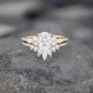 Oval Moissanite Engagement Ring Set Vintage Unique 925 Sterling Silver 14K <b>Gold</b> Plated Marquise Cluster Bridal Ring - Product Image 3