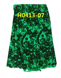 New In Rich Green Flocked With Sequin Fabric Double Net Sequined Flocked Net Pearled Lace Elegant Women Dress