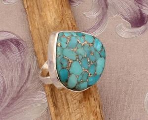 <b>Blue</b> Copper Turquoise Ring Classic Style Sterling Silver Bohemian Statement Ring for Women - Product Image 1