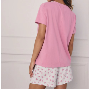Conjunto de Pijama Casual de Verano para Mujer, Cuello Completo, Estampado Rosa, Mangas Cortas, Cintura Elástica, Transpirable, Suave, de Poliéster Tejido - Product Image 3
