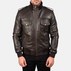 Chaqueta Bomber de cuero marrón sombra para hombre de fabricación profesional con cuello levantado teñido liso para la temporada de invierno diseñado a medida - Product Image 1