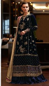 Salwar Kameez en velours brodé avec pantalon Santoon et broderie exquise Dupatta sur les trois pièces - Product Image 2