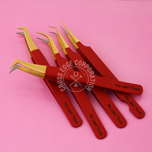 Pinzas profesionales para extensión de pestañas, empuñadura de diamante 45 90 grados, punta de fibra roja mate probada a mano, nunca se desliza - Product Image 4