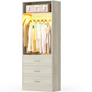 ตู้เสื้อผ้าแบบเปิดทันสมัยพร้อมไฟ LED, ตู้เก็บของในห้องนอน 3 ลิ้นชัก, ตู้เสื้อผ้าทรงสูงเพรียวบางพร้อมราวแขวนสำหรับพื้นที่ขนาดเล็ก - Product Image 6