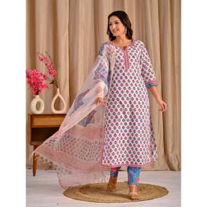 Traje étnico Anarkali de algodón estampado Butta Block blanco y rojo para mujer, ideal para fiestas y ocasiones especiales, hecho con tela de red. - Product Image 4