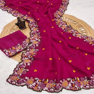 Sari de Seda Suave y Crujiente VASTRA COTTAGE con Bordado Pesado en el Borde, Sari de Diseño para Fiestas con Blusa Crujiente - Product Image 4