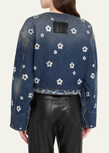 Womens Fashionable Dark Wash Denim Bomber <b>Jacket</b> Featuring Sparkling <b>Silver</b> <b>Sequin</b> Flower Embroidery - Product Image 6