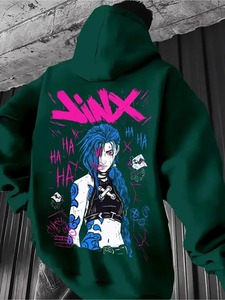 Sweat-shirt à capuche en molleton brodé populaire de l'anime Arcane League Jinx pour hommes/femmes, sweat-shirt de dessin animé à manches longues - Product Image 6