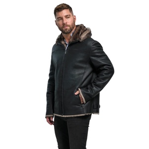 Custom Men Genuine Sheep Skin Winter Jacket Hooded Zip Outerwear Sherpa Lined Warm Eco-Friendly Breathable Casual <b>Coat</b> OEM - Product Image 4