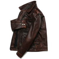 Erkek Kahverengi Vintage Hakiki Deri Ceket Premium Sığır Derisi Günlük Motosiklet Ceketi Retro Çok Cepli Biker Ceketi