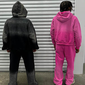 Streetwear personnalisé Boxy Fit Distressed Embroidery Sun Faded Acid Wash Zip up Rhinestone Men Hoodie Ensemble 2 pièces - Product Image 4