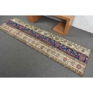 Alfombra clásica turca Kilim, diseño de retazos Beige y azul, 2,2x8,3 pies, Material de lana de tejido plano hecho a mano con respaldo de látex - Product Image 4