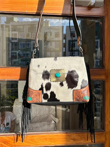 Sac à bandoulière à frange en cuir avec fourrure en cuir, fait à la main, Style Boho, sacs en cuir sculpté et pierre Turquoise, nouveau Style occidental - Product Image 2